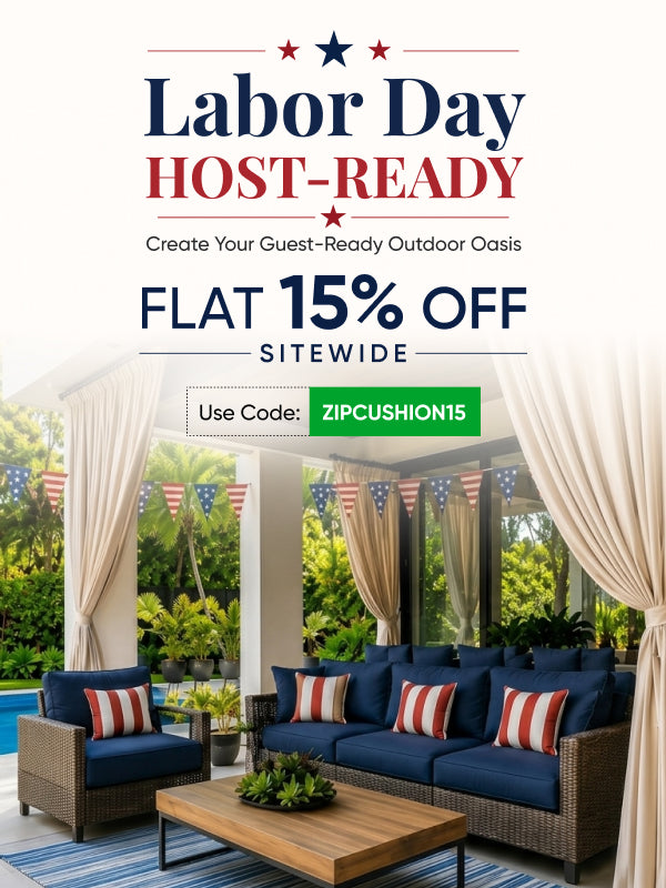poolside seating setup with couch cushions and beige sunbrella curtains, Labor Day theme