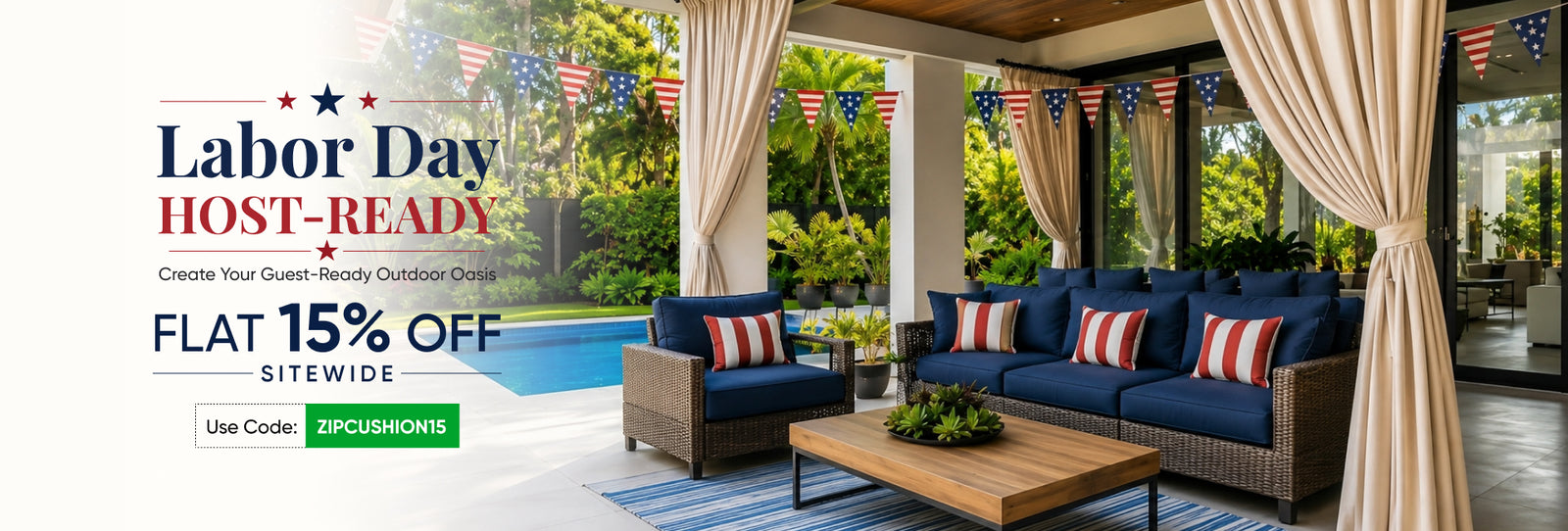 poolside seating setup with couch cushions and beige sunbrella curtains, Labor Day theme