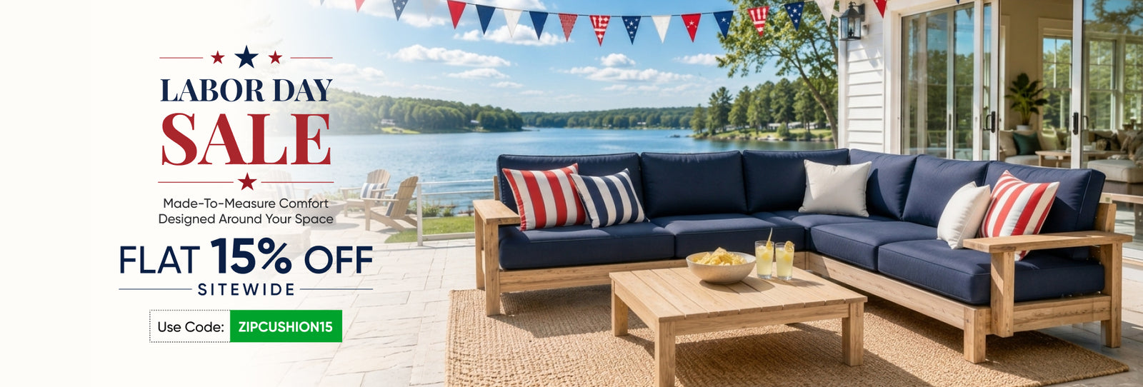 Labor Day sale banner: navy cushions with red-white striped pillows, flat 15% off sitewide with code ZIPCUSHION15