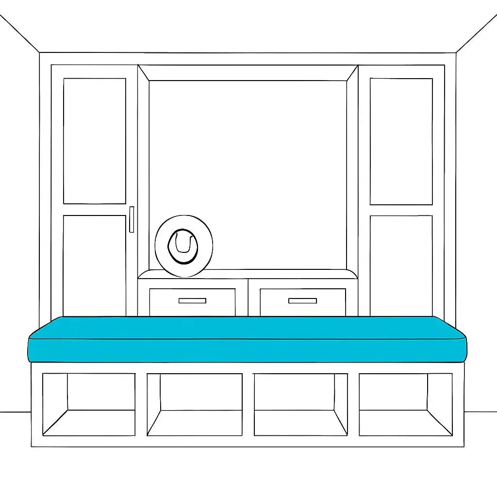 A minimalist line drawing of a built-in window seat with a bright blue cushion, set against a white background. - view 2
