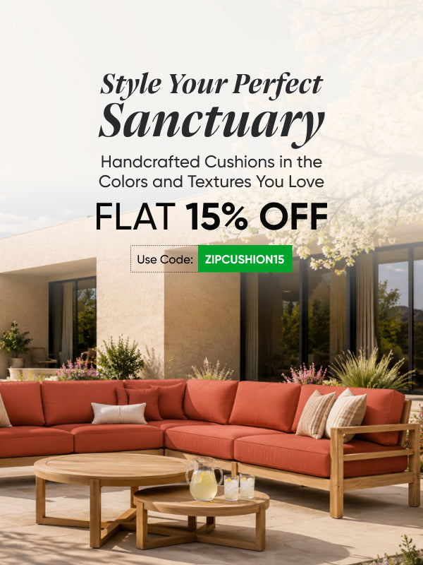 Outdoor patio mobile banner featuring a teak sectional sofa with terracotta red cushions, promoting handcrafted custom cushions at flat 15% off with code ZIPCUSHION15