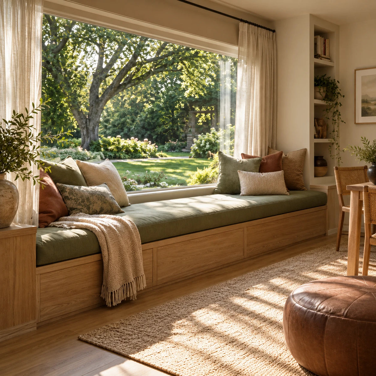 A large built-in wooden daybed with an olive green cushion sits by a bright window overlooking a lush garden. The daybed is styled with multiple decorative throw pillows, a beige knit throw blanket, and a light wood frame. - view 6