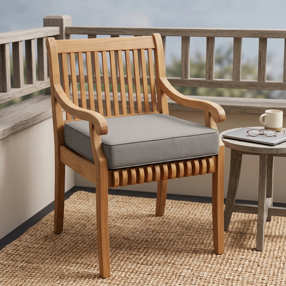 A wooden outdoor armchair with a gray cushion sits on a woven rug on a balcony, next to a small side table with a mug and glasses.
