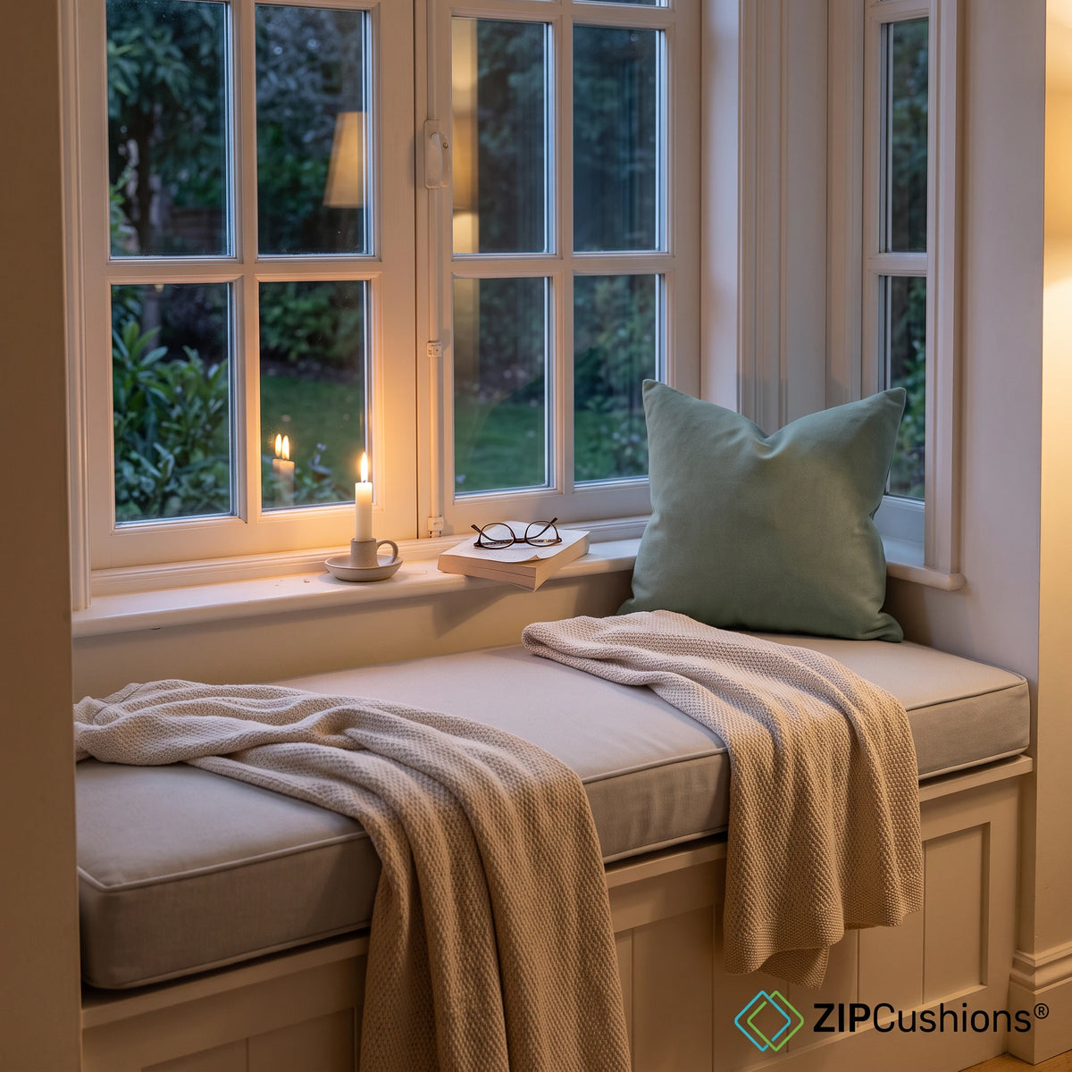 A cozy window seat cushion with a light beige textured throw blanket and a sage green pillow, set in a warmly lit room by a white-framed window. - view 5