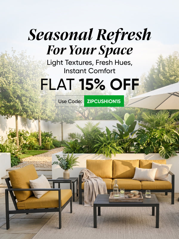 ZIPCushions Home Page Banner for outdoor cushions, asking for a seasonal refresh, outdoor garden sitting setup - mobile