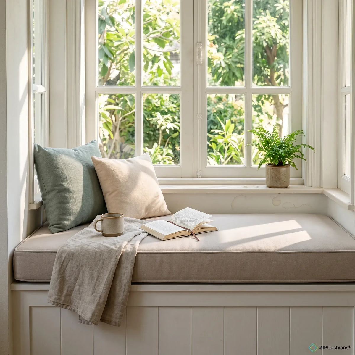 A cozy window seat cushion with two pillows, a throw blanket, and an open book, positioned in front of a bright white window with green foliage visible outside.