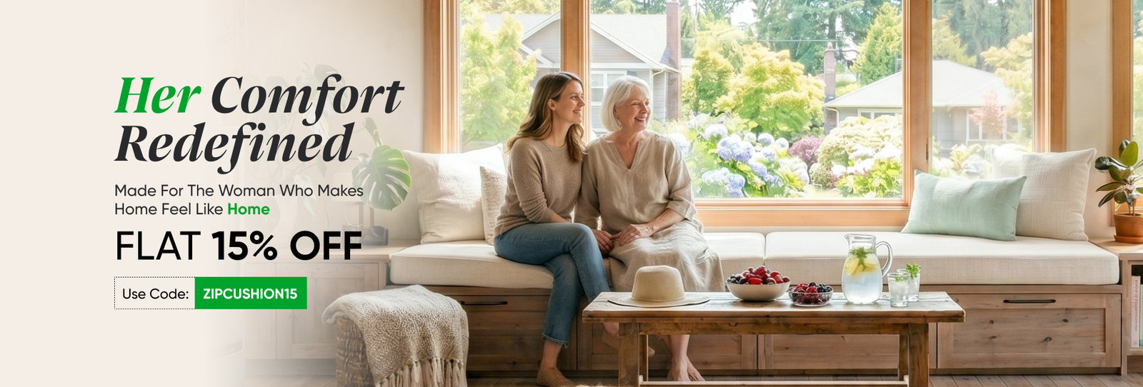 ZIPCushions Homepage Banner, Window side cushion setup with Mom-daughter heartfelt moment - desktop
