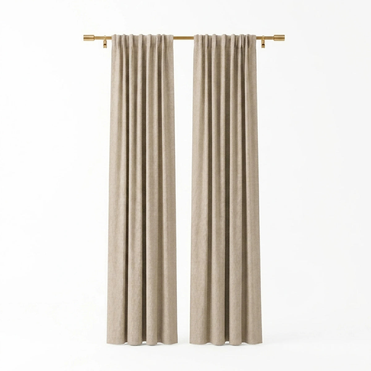 Sunbrella Canvas Canvas Curtain in neutral beige – custom-made pair with rod pocket header on gold curtain rod