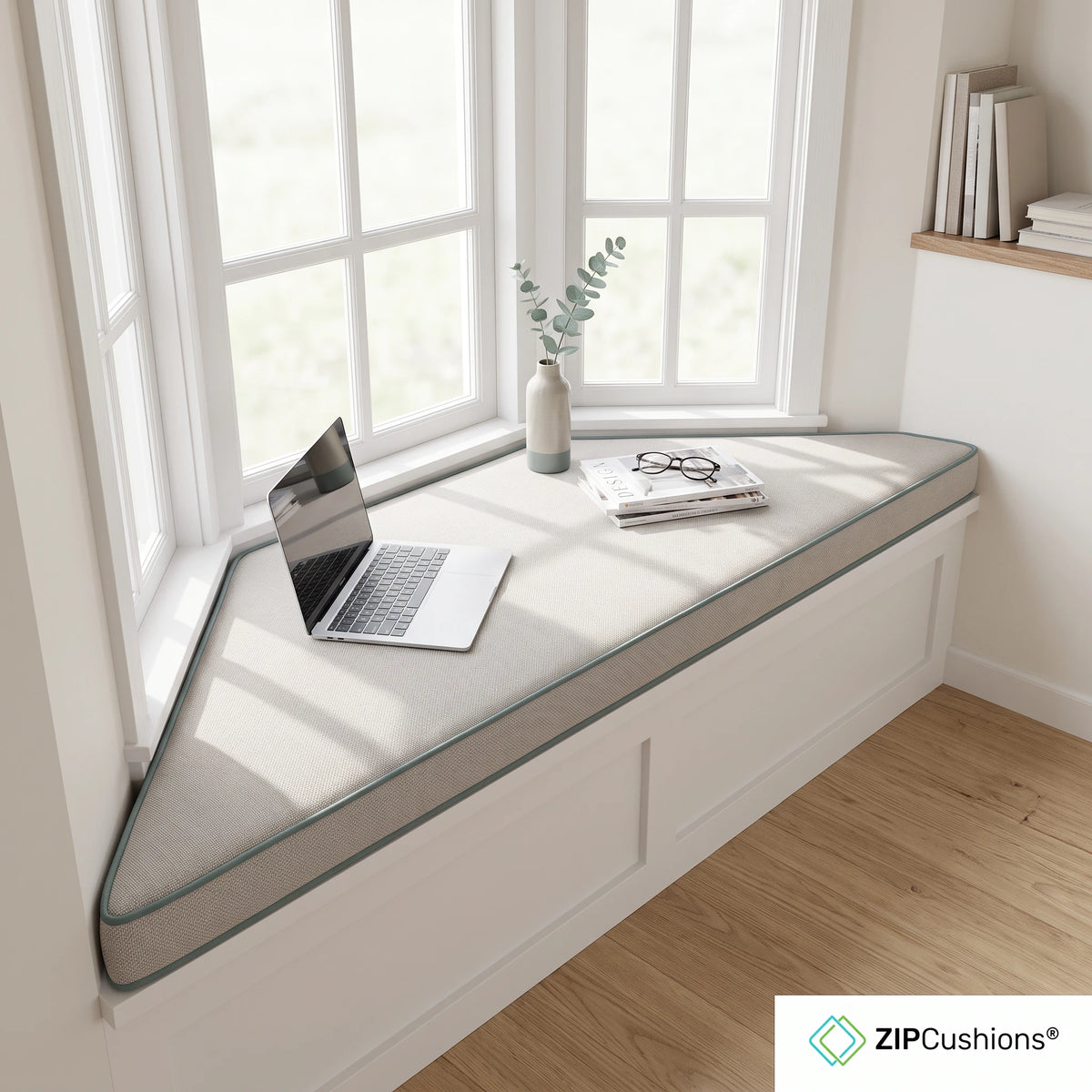A light gray cushioned window seat cushion with a dark gray piping edge, installed on a white storage bench by a bright window. The scene includes a laptop, a small vase with greenery, and glasses on the cushion, set in a clean, modern room with light wood floors. - view 5