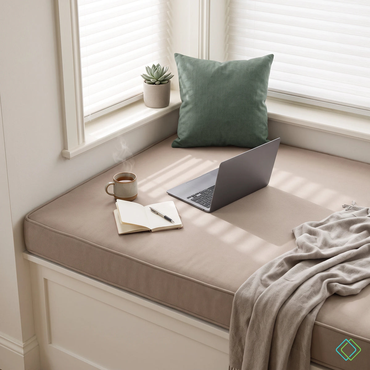 A beige upholstered window seat cushion with a matching cushion on a built-in bench, styled with a green pillow, laptop, notebook, mug, and throw blanket in a bright room by the window. - view 3